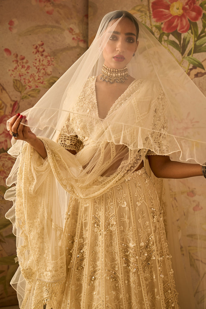 Ridhi-mehra-Ivory Organza Heavy Embroidered Lehenga