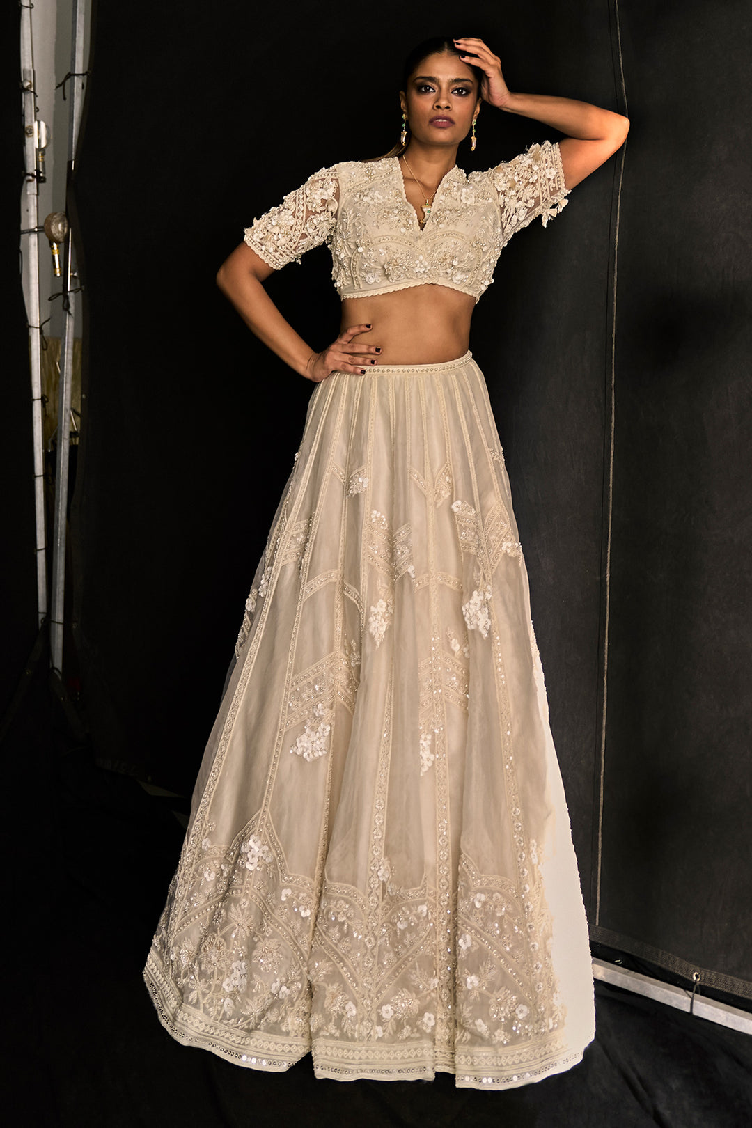 RidhiMehra-Ivory Net Embroidered-Lehenga