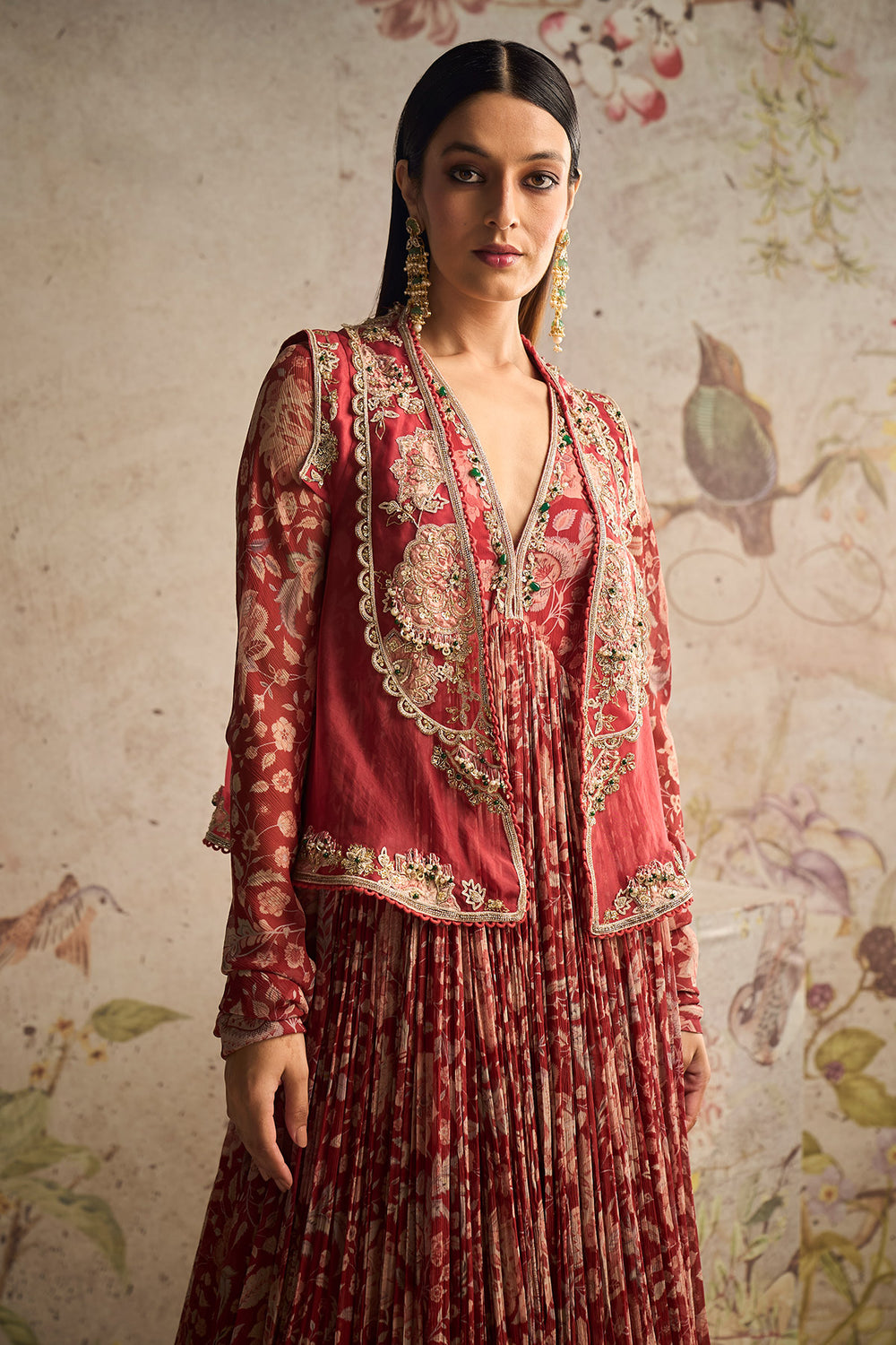 RidhiMehra-Red Printed Chiffon Long Anarkali Paired With Embroidered Sleeveless Organza Jacket