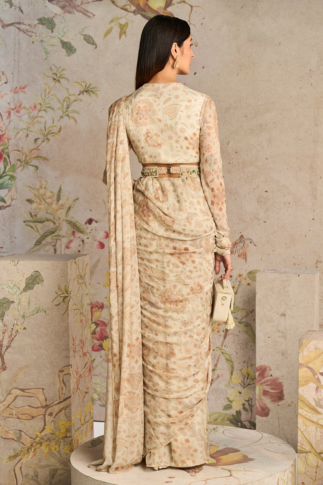 Ridhimehra-Ivory Printed Chiffon Full Sleeves-Saree