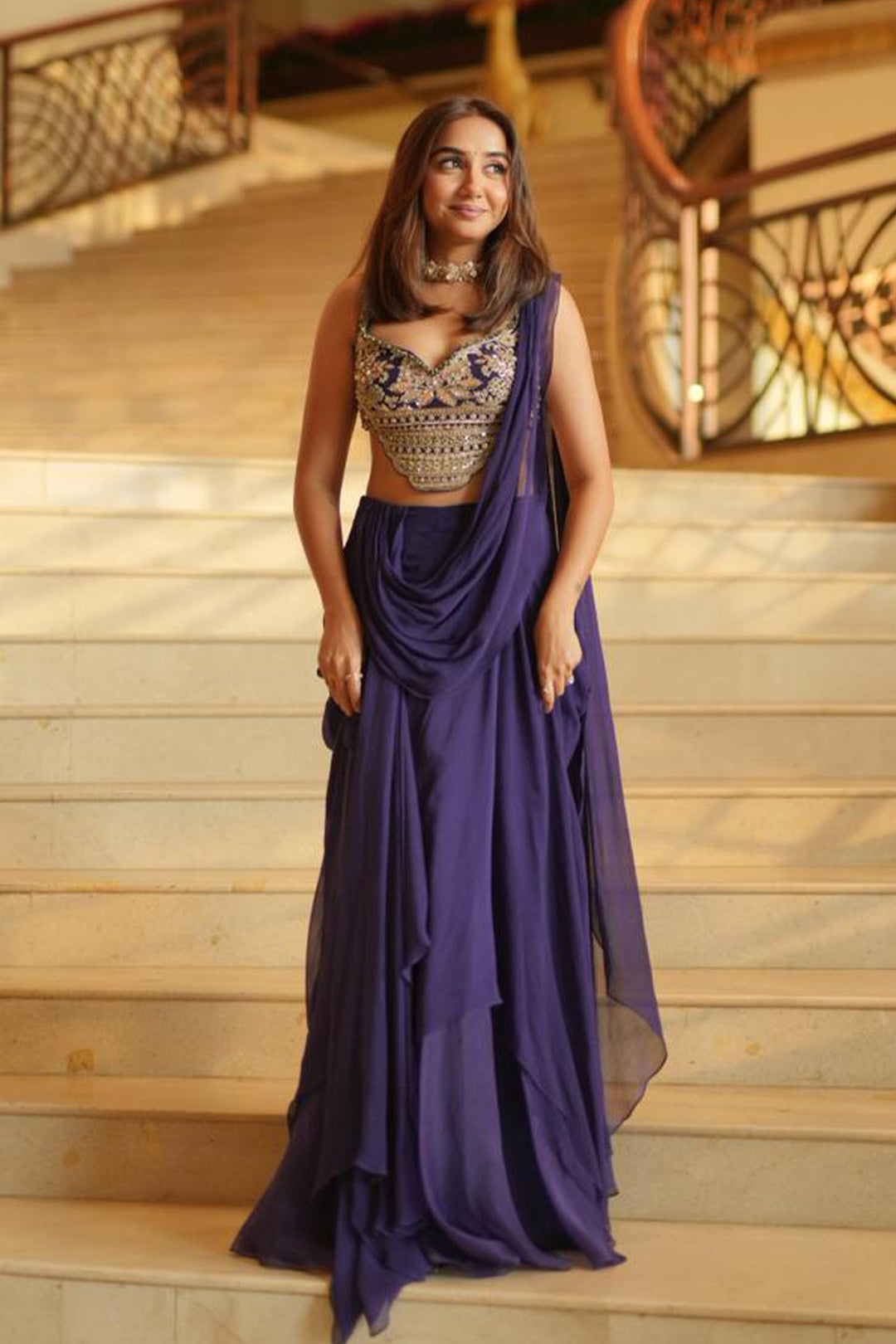 purple saree dress Dusty Purple Elegant Party Wear Chiffon Saree with Embroidered Banglori Silk Blouse 36 / Purple / Georgette