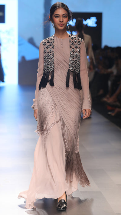 Draped Anarkali with Embroidered, Tassels Jacket