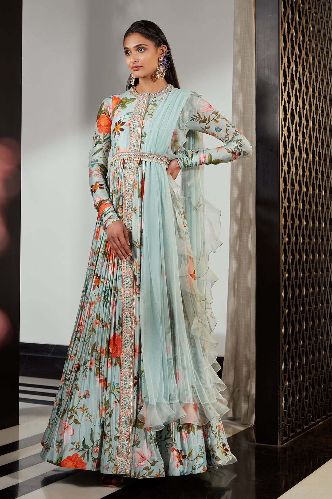 luxury anarkali dress Champagne Beige Floral Embroidered Anarkali Gown with Dupatta Luxury Wearyourglamour