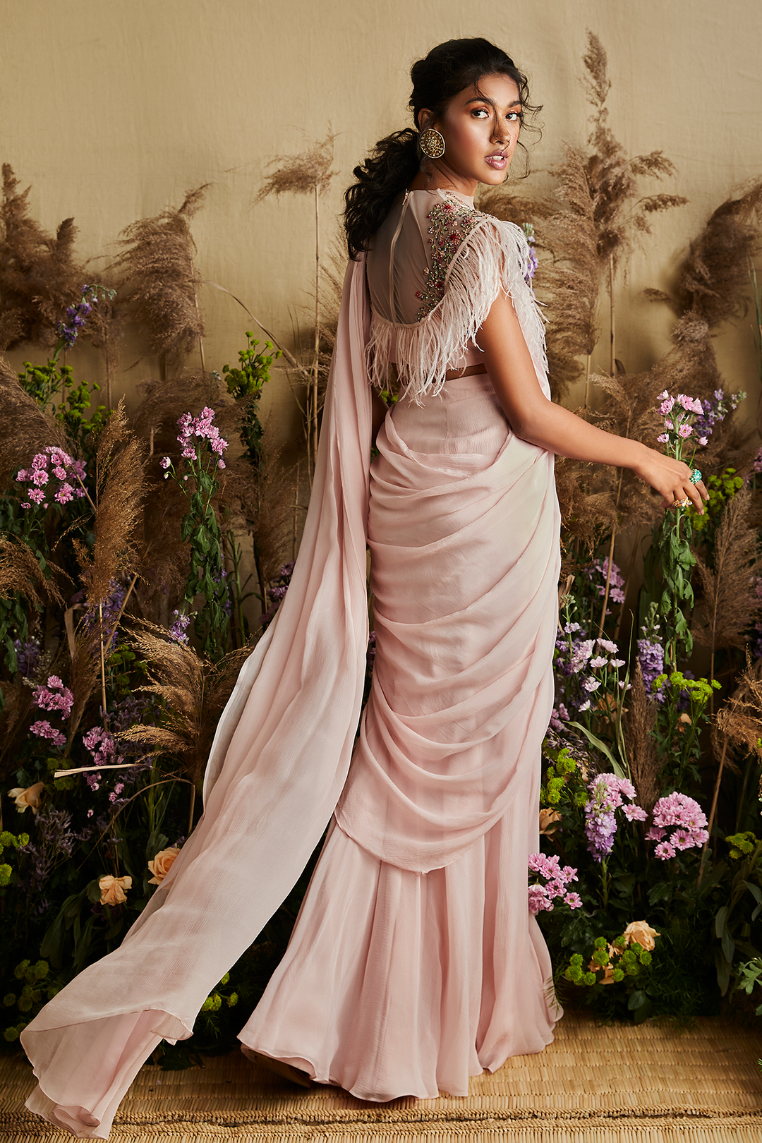 RIDHI-MEHRA-Dori Embroidered Multicolor Blouse with Textured detailing and Ruffled Saree