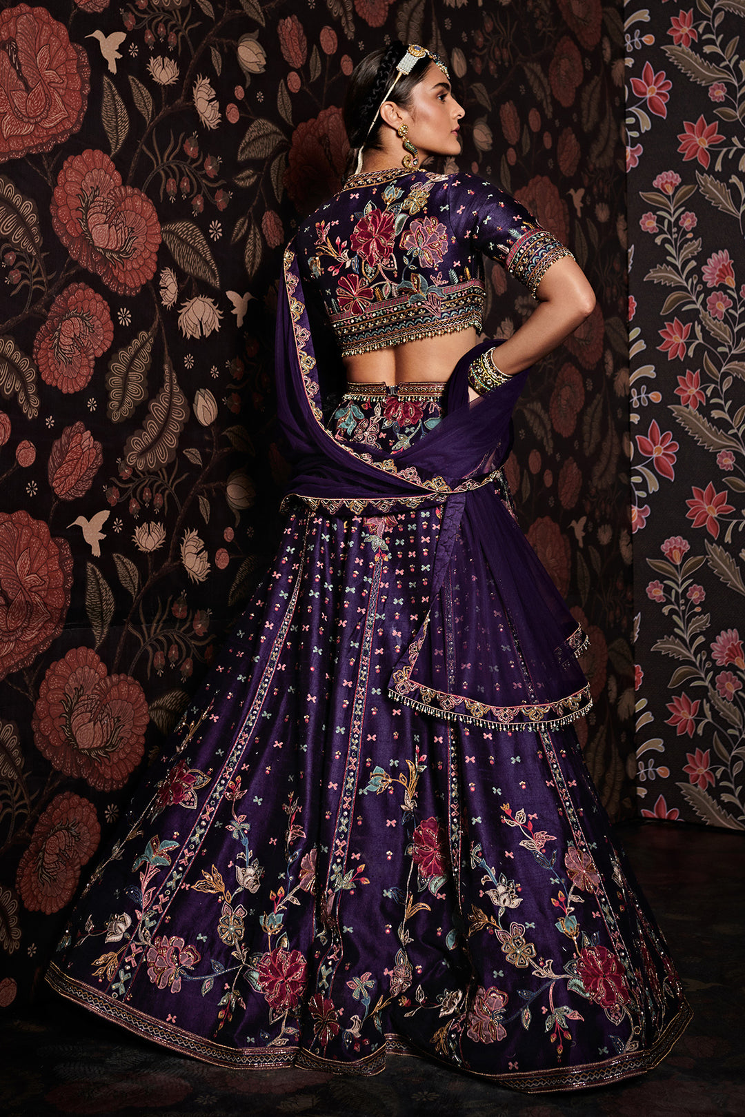 RIDHI-MEHRA-Embroidered raw silk lehenga with embroidered blouse, net dupatta and belt