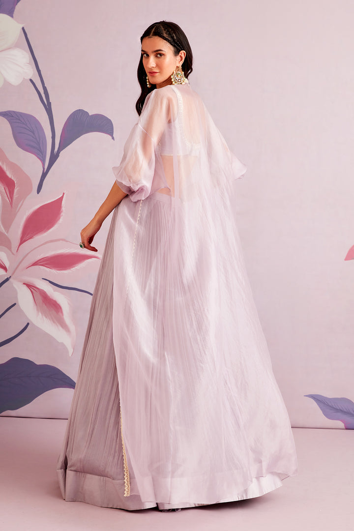 RIDHI-MEHRA-Embroidered net blouse with chiffon skirt and embroidered cape