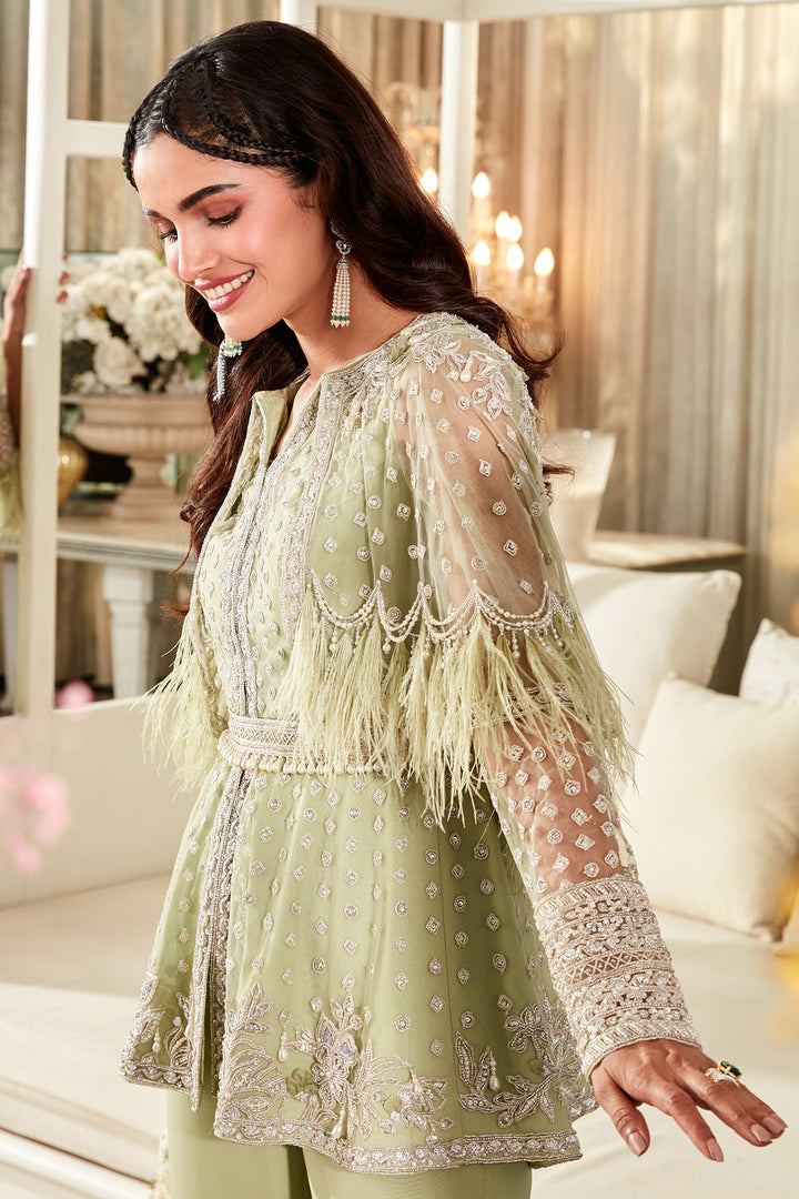 RIDHI-MEHRA-Embroidered net cape peplum and georgette pants paired with belt