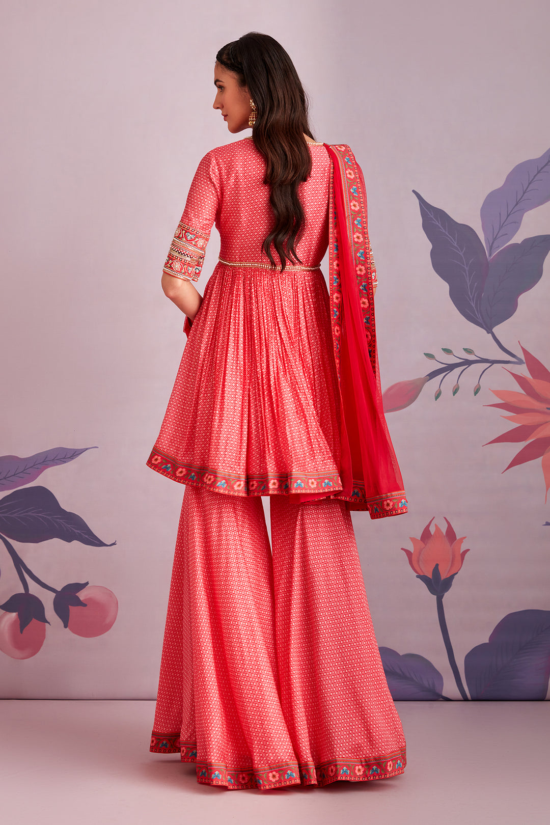 RIDHI-MEHRA-Embroidered printed silk short Anarkali and garara paired with net dupatta