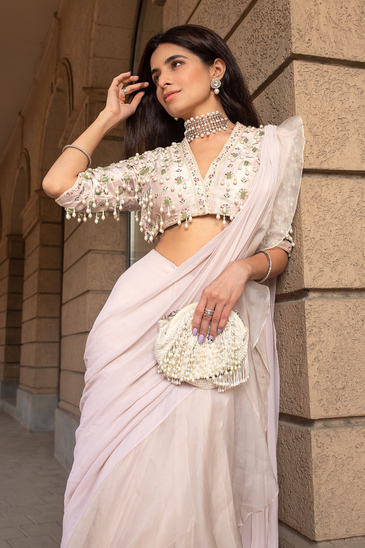RIDHI-MEHRA-Pearl Drop Blouse with Chiffon and Organza Ruffled saree
