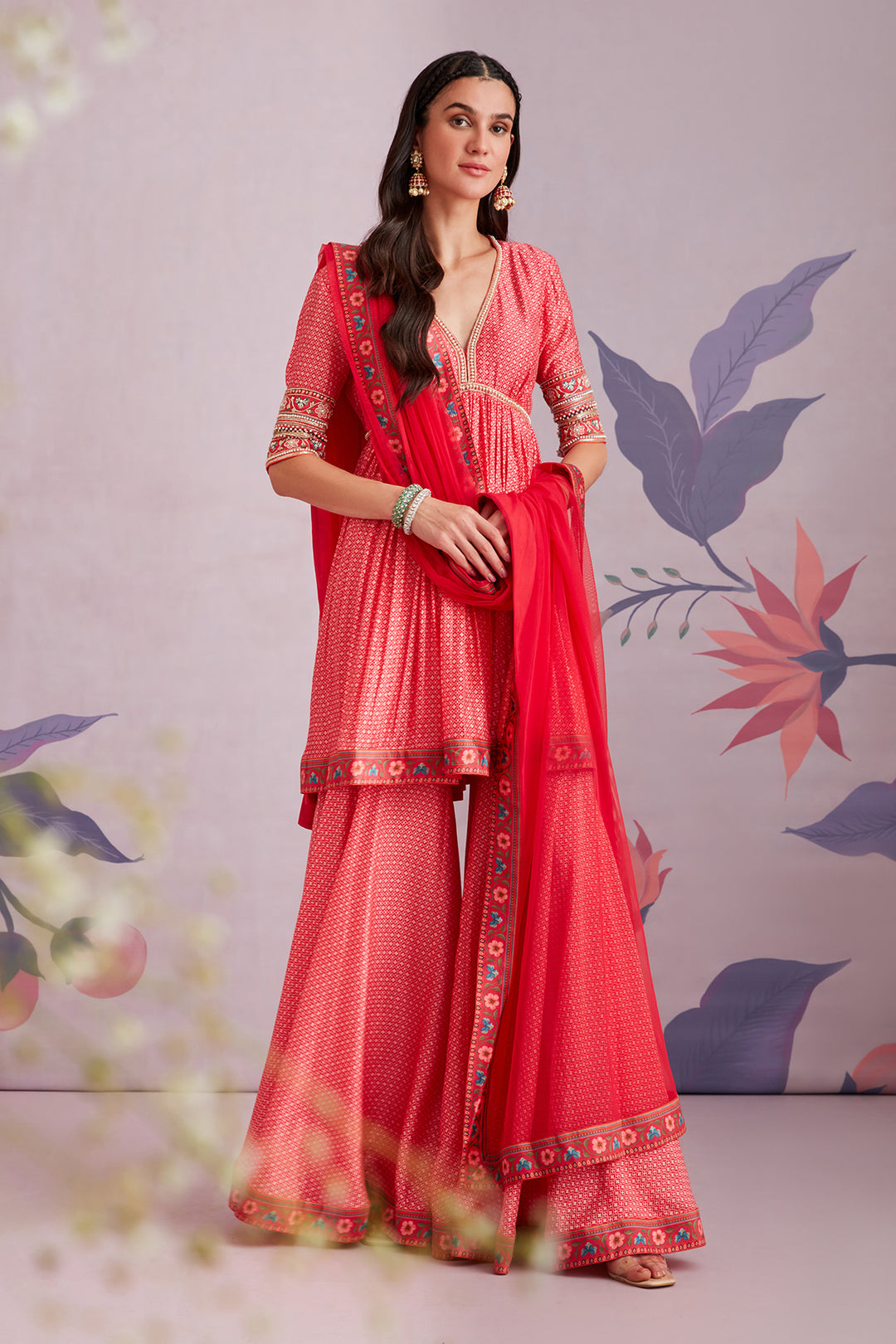 RIDHI-MEHRA- Embroidered printed silk short Anarkali and garara paired with net dupatta