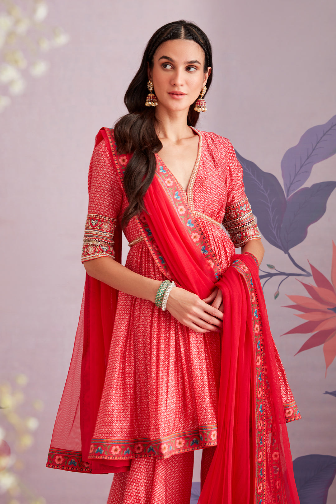 RIDHI-MEHRA  Embroidered printed silk short Anarkali and garara paired with net dupatta