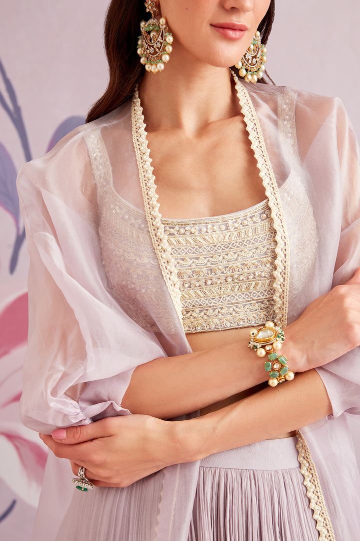 RIDHIMEHRA-Embroidered net blouse with chiffon skirt and embroidered cape