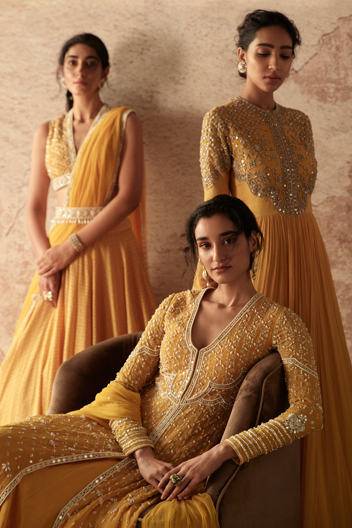 RIDHI_MEHRA_Ochre yellow chiffon embroidered anarkali