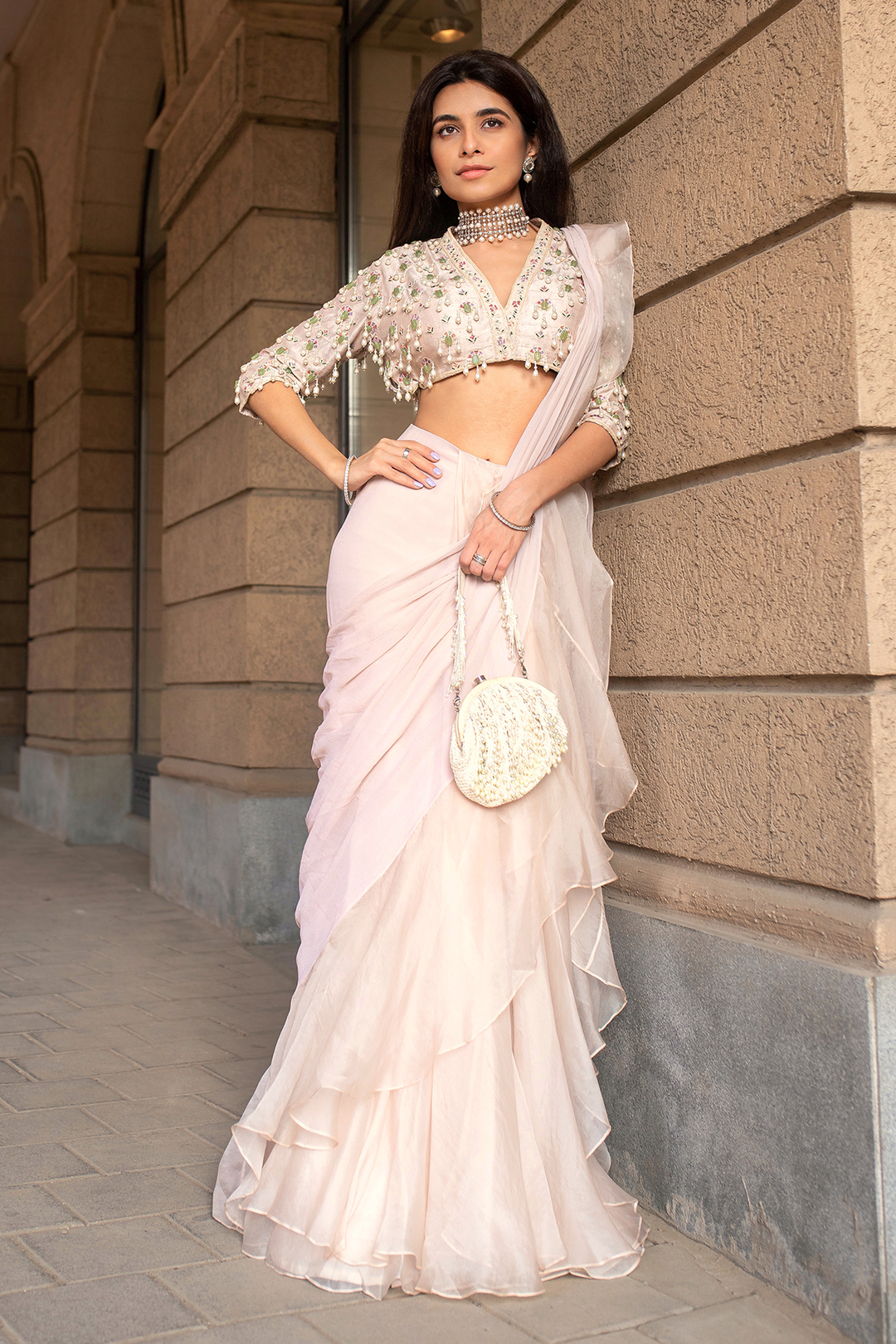 RIDHI_MEHRA Pearl Drop Blouse with Chiffon and Organza Ruffled saree