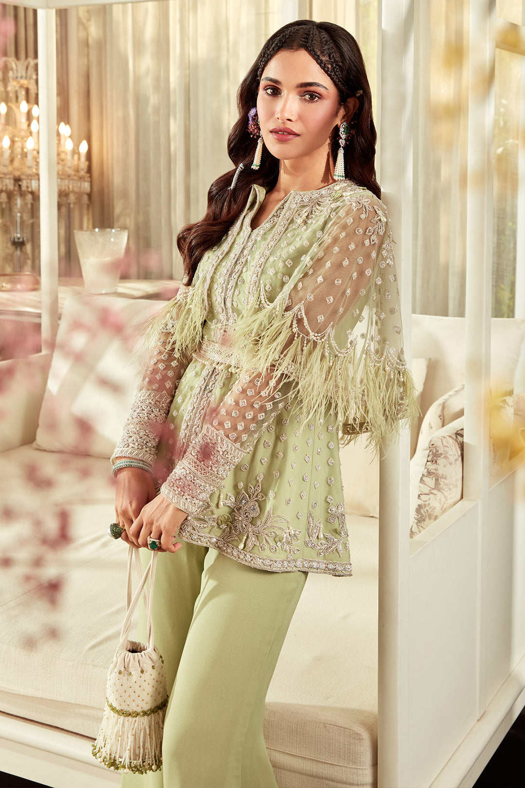 RIHDHI-MEHRA-Embroidered-net cape peplum and georgette pants paired with belt
