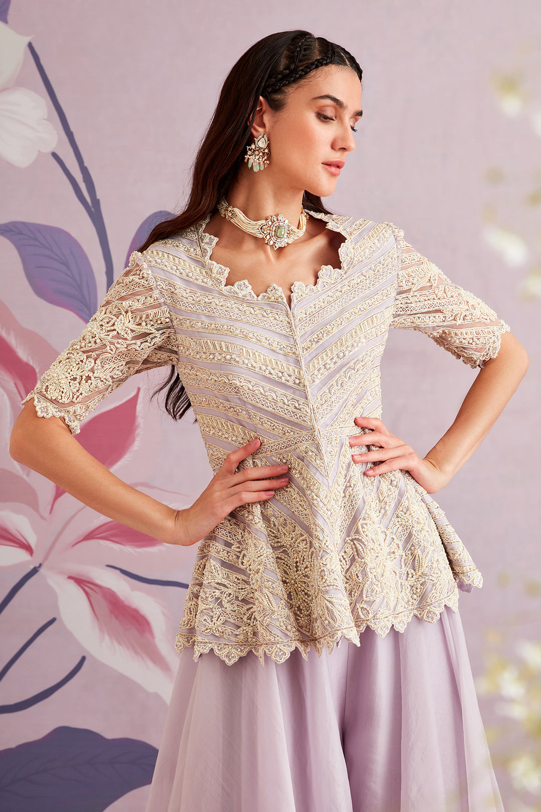 RISHI_MEHRA_Embroidered net peplum top with organza garara 