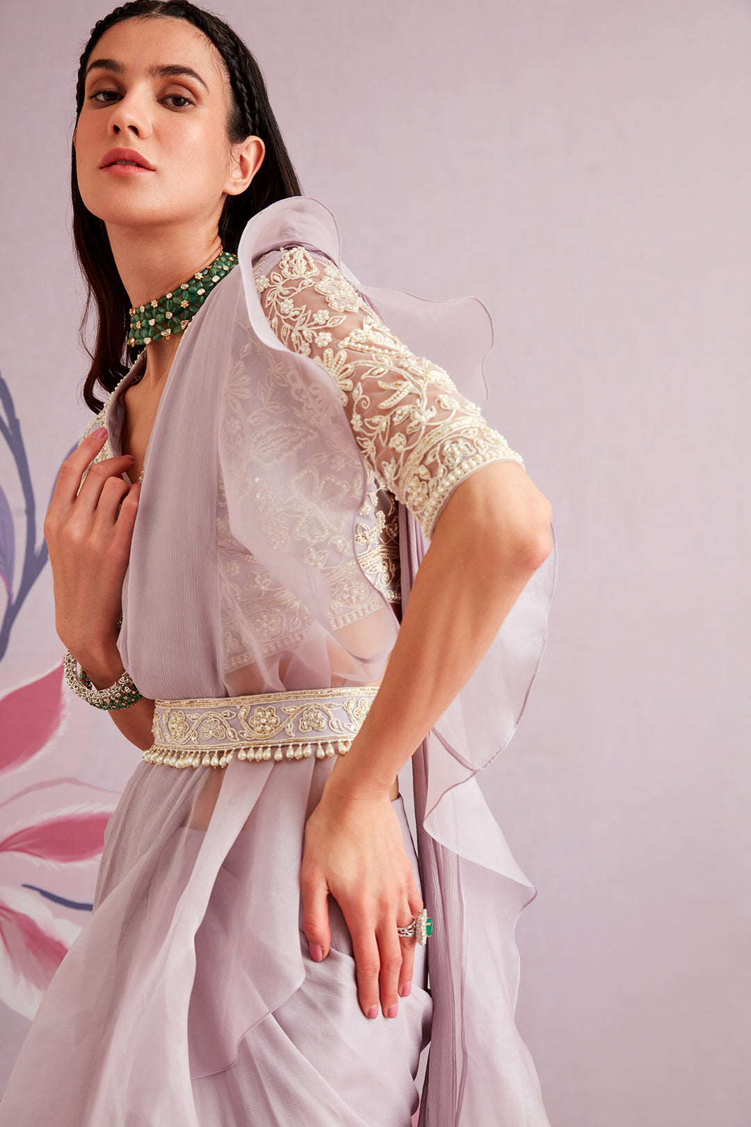 RM-Embroidered net blouse with organza chiffon draped saree