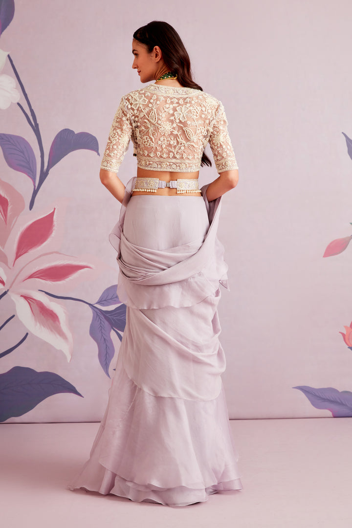RM-Embroidered net blouse with organza chiffon draped saree