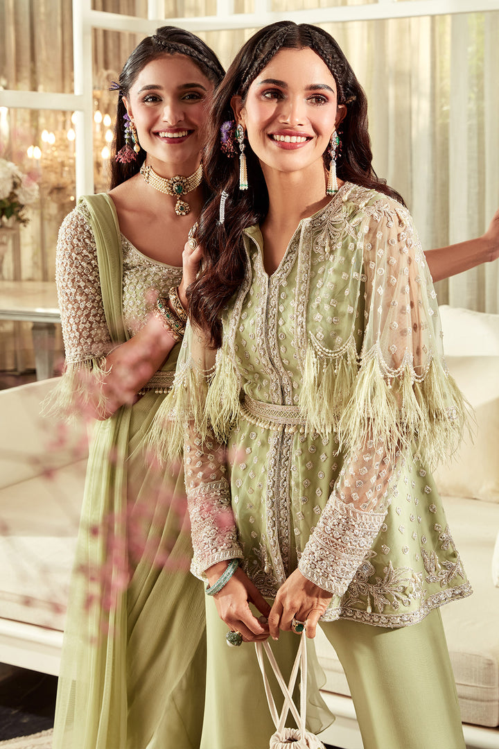 RM-Embroidered-net cape peplum and georgette pants paired with belt