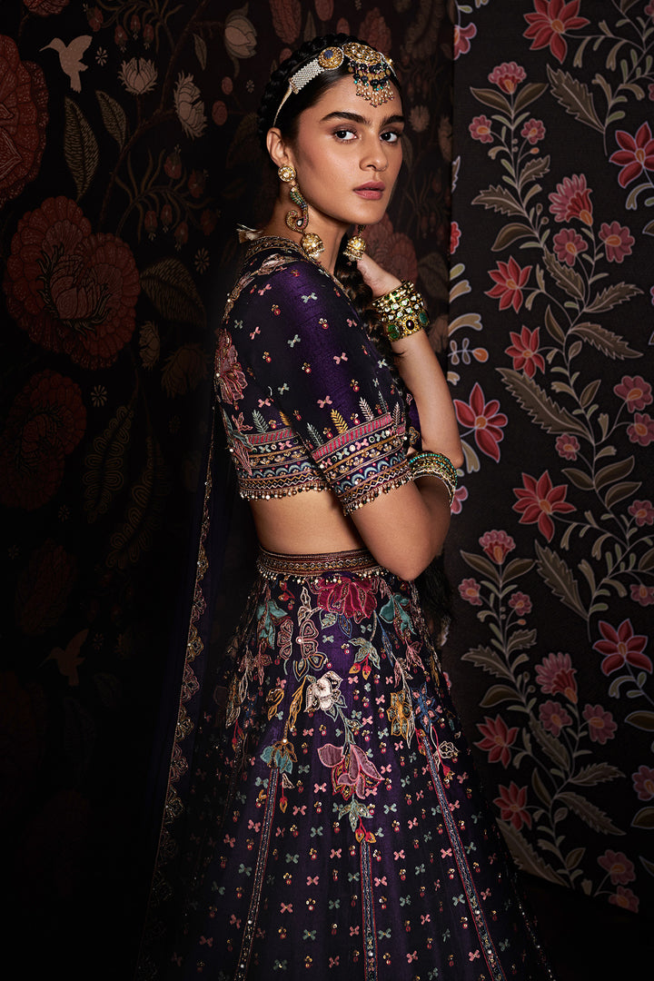 RM-Embroidered raw silk lehenga with embroidered blouse, net dupatta and belt