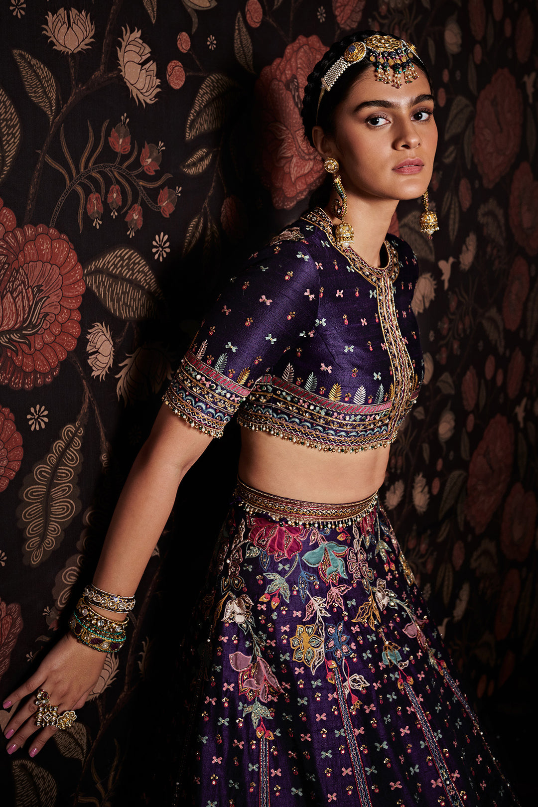 RM-Embroidered raw silk lehenga with embroidered blouse, net dupatta and belt
