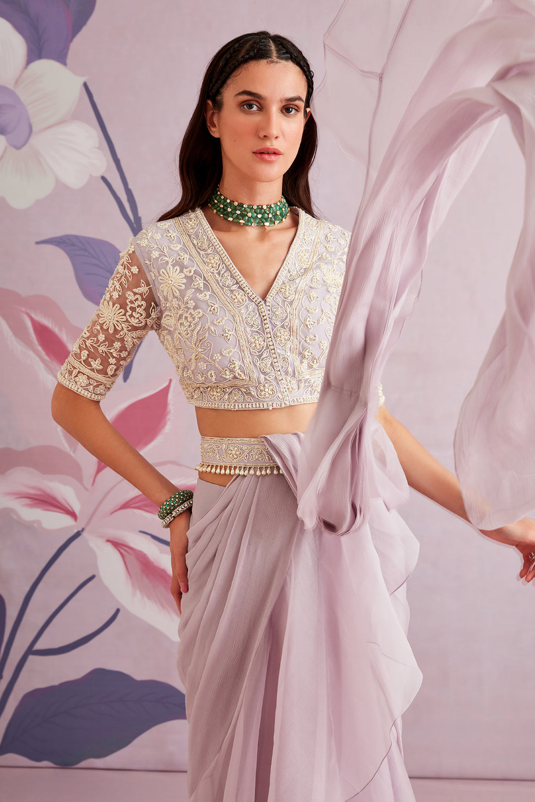 RM-Embroidered net blouse with organza chiffon draped-saree
