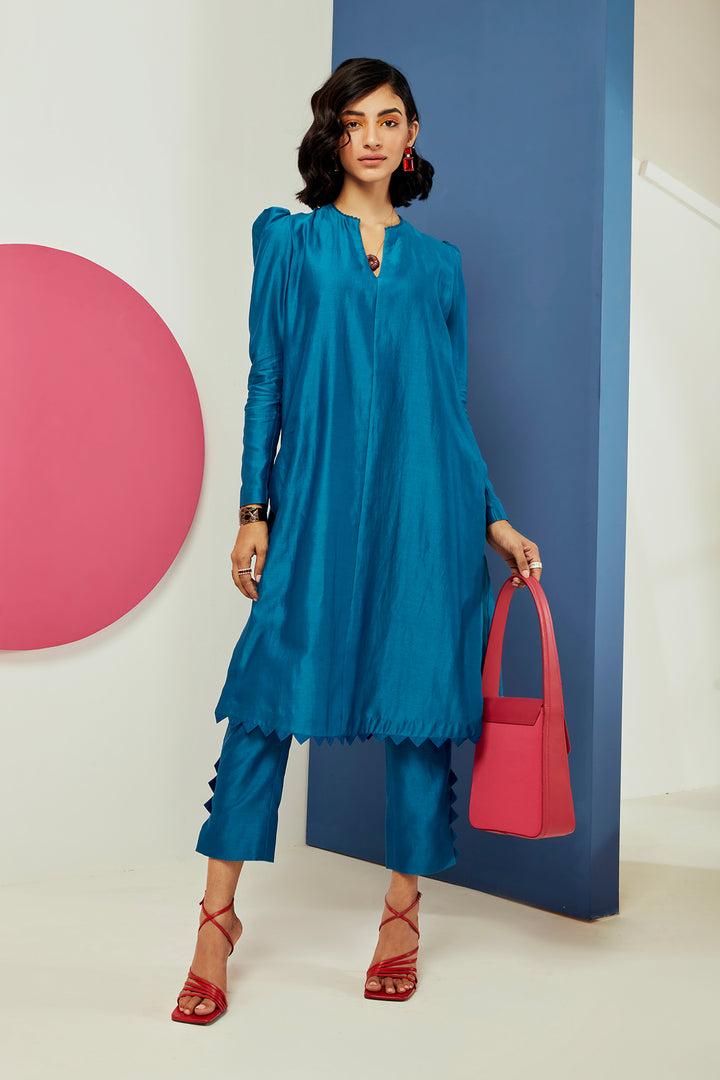 RM-Light Blue chanderi straight long kurta with puff sleeves paired with pants