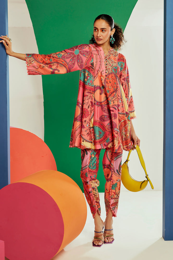 RM-Multicoloured printed chanderi flared short kurta with tulip pants.