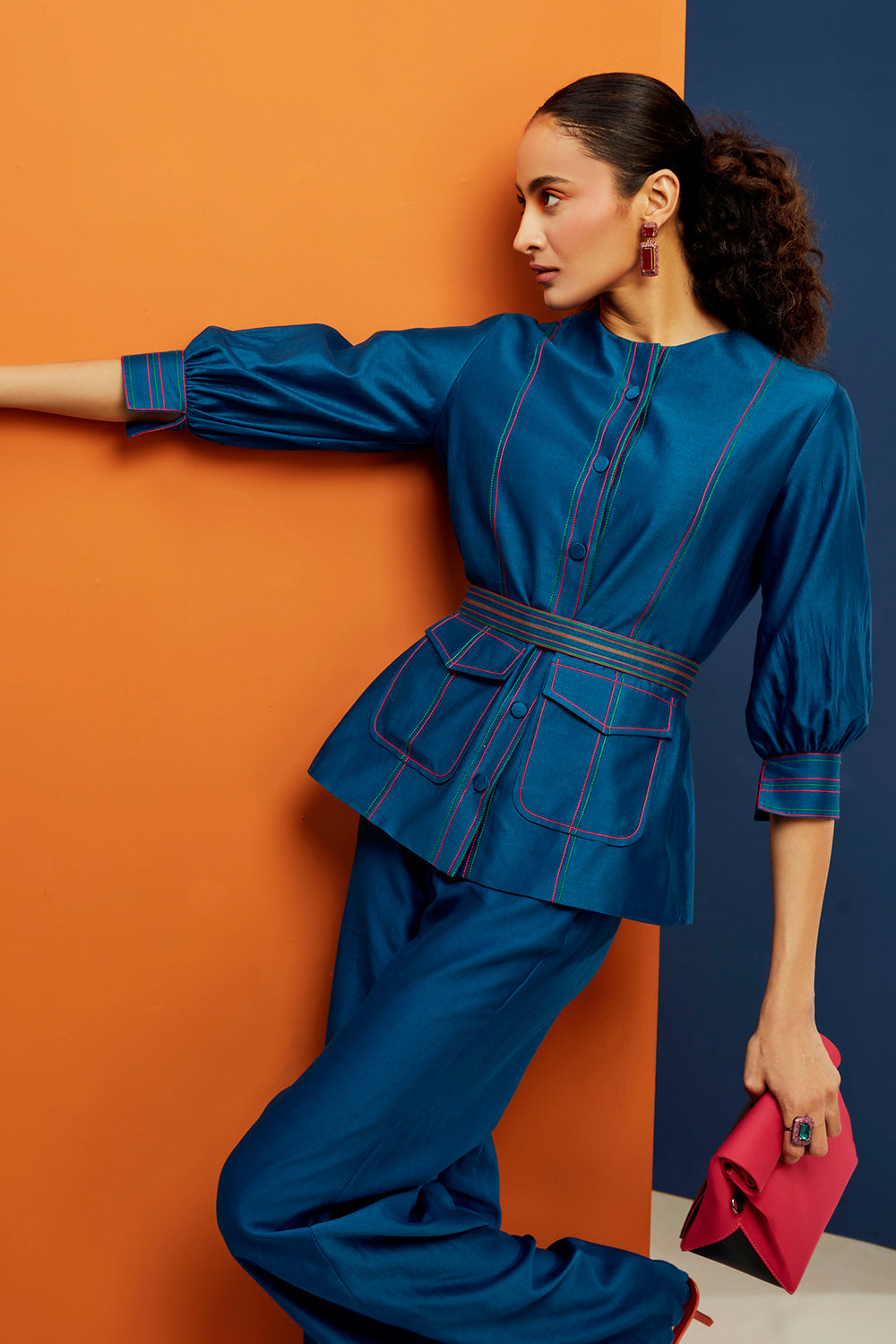 RM-Royal blue achor detailed shirt and flared pants paired with anchor detailed belt