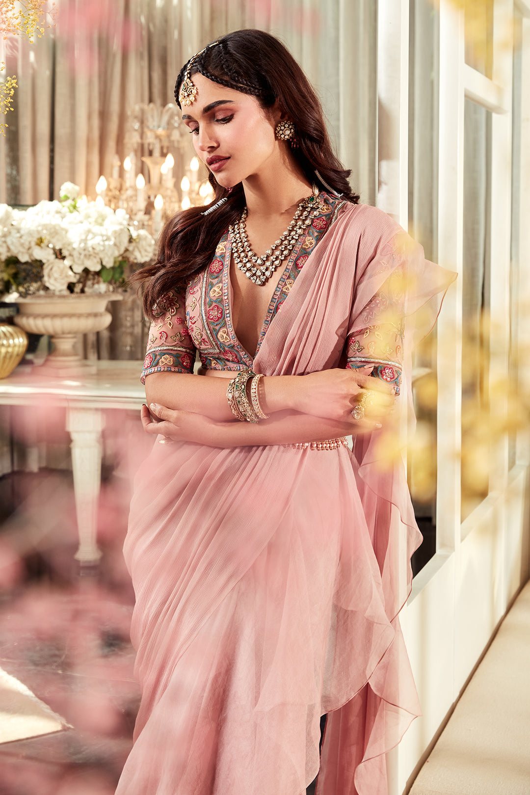 RM_Embroidered net blouse with organza chiffon draped saree