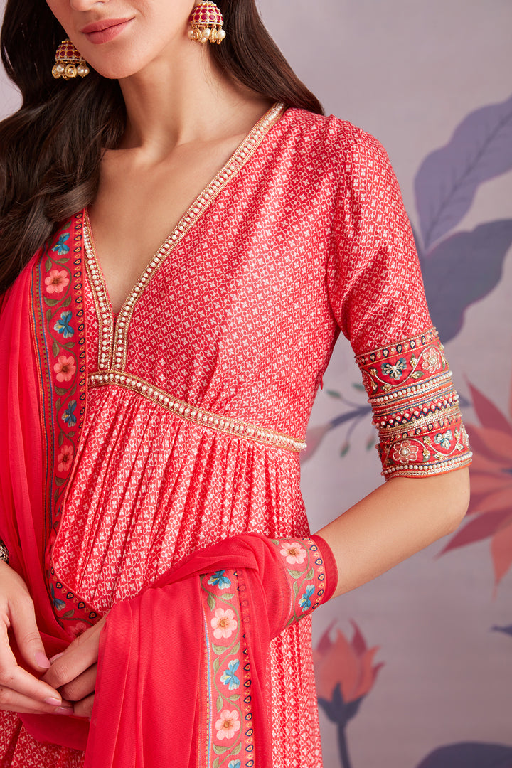 RM Embroidered printed silk short Anarkali and garara paired with net dupatta