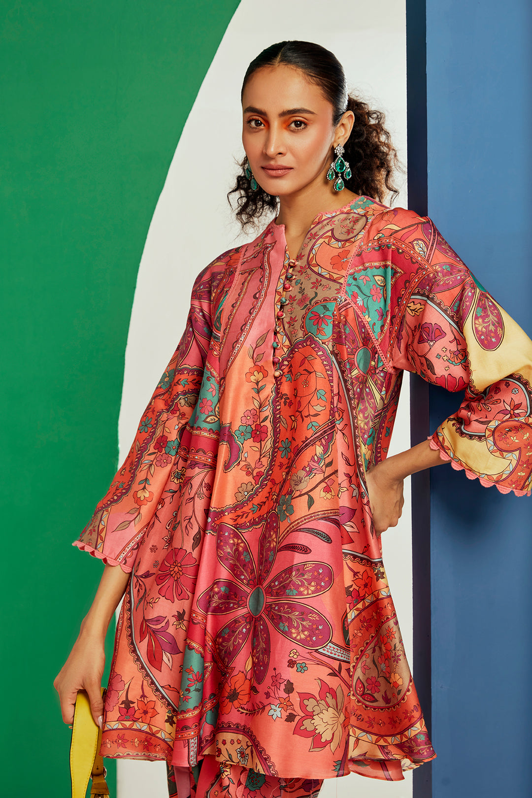 RM_Multicoloured printed chanderi flared short kurta with tulip pants.