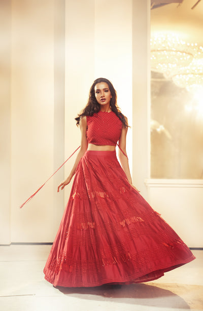 Red Strip Blouse with Heavily Embellished Tassel Skirt
