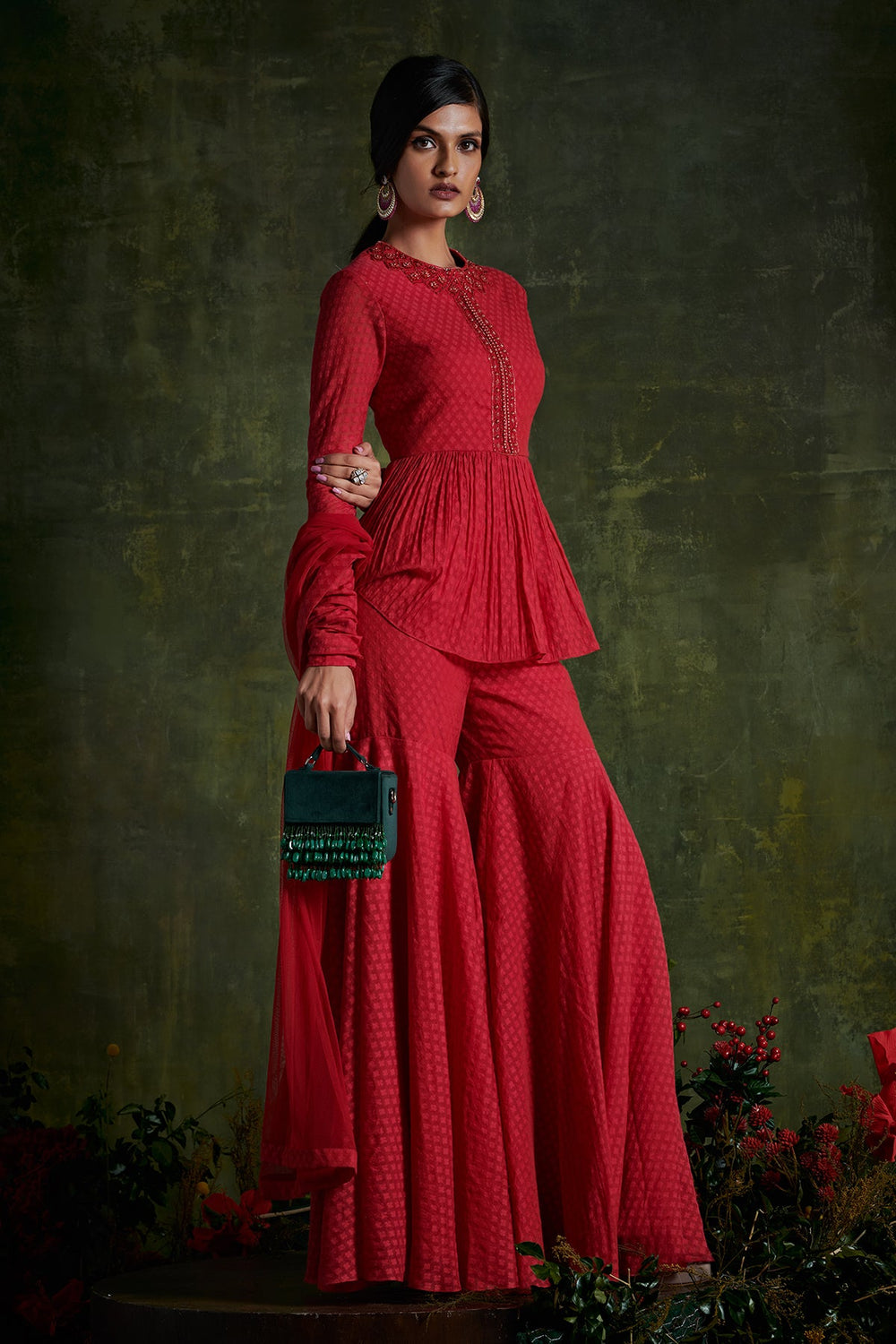 Ridhi-Mehra-Chanderi jacquard peplum with embroidered neckline