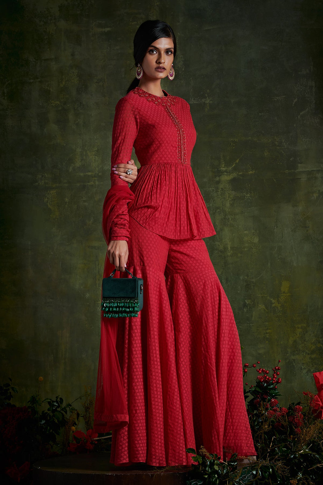 Ridhi-Mehra-Chanderi jacquard peplum with embroidered neckline