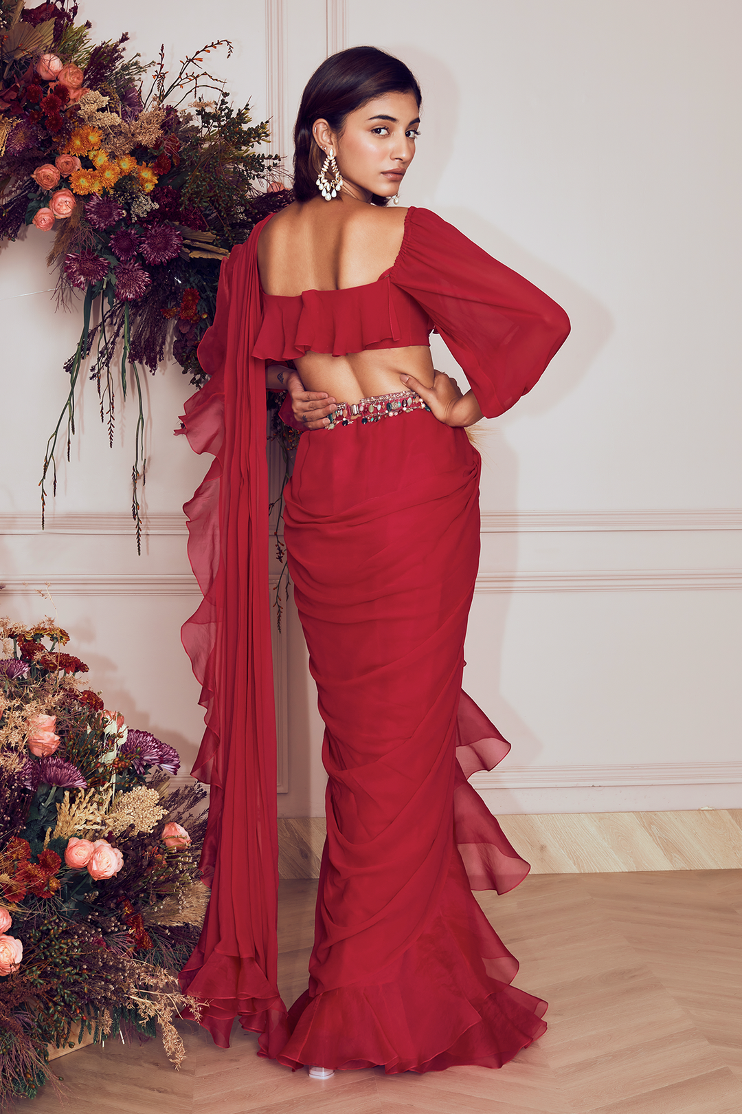 Ridhi-Mehra-Deep fuchsia georgette ruffled saree