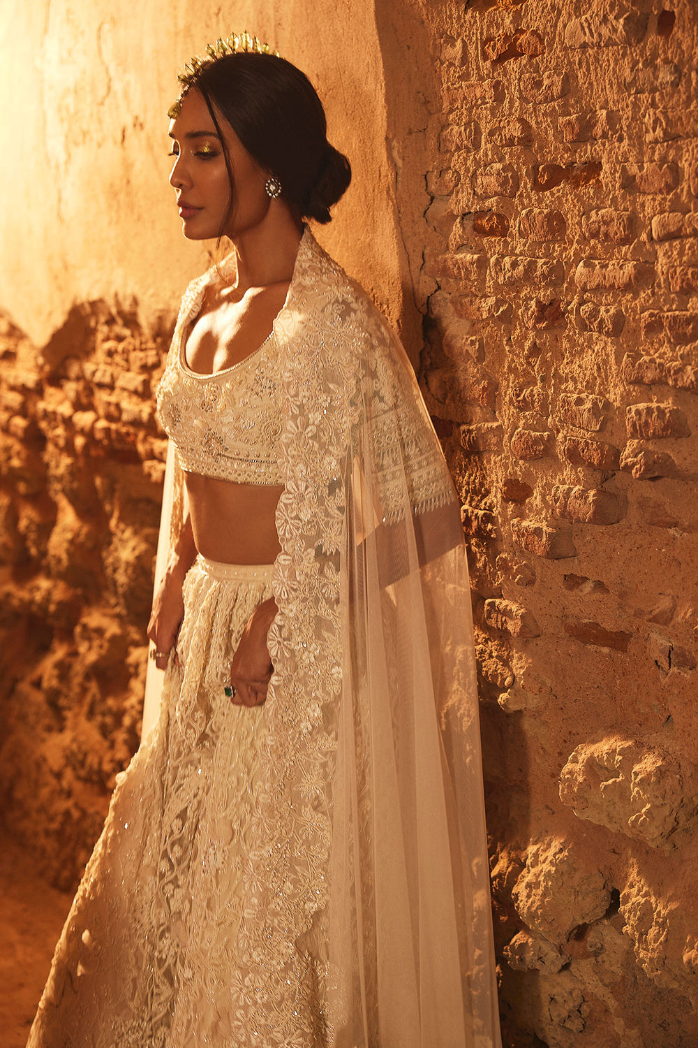 Ridhi-Mehra-Ivory Net Embroidered Lehenga, Blouse And Dupatta