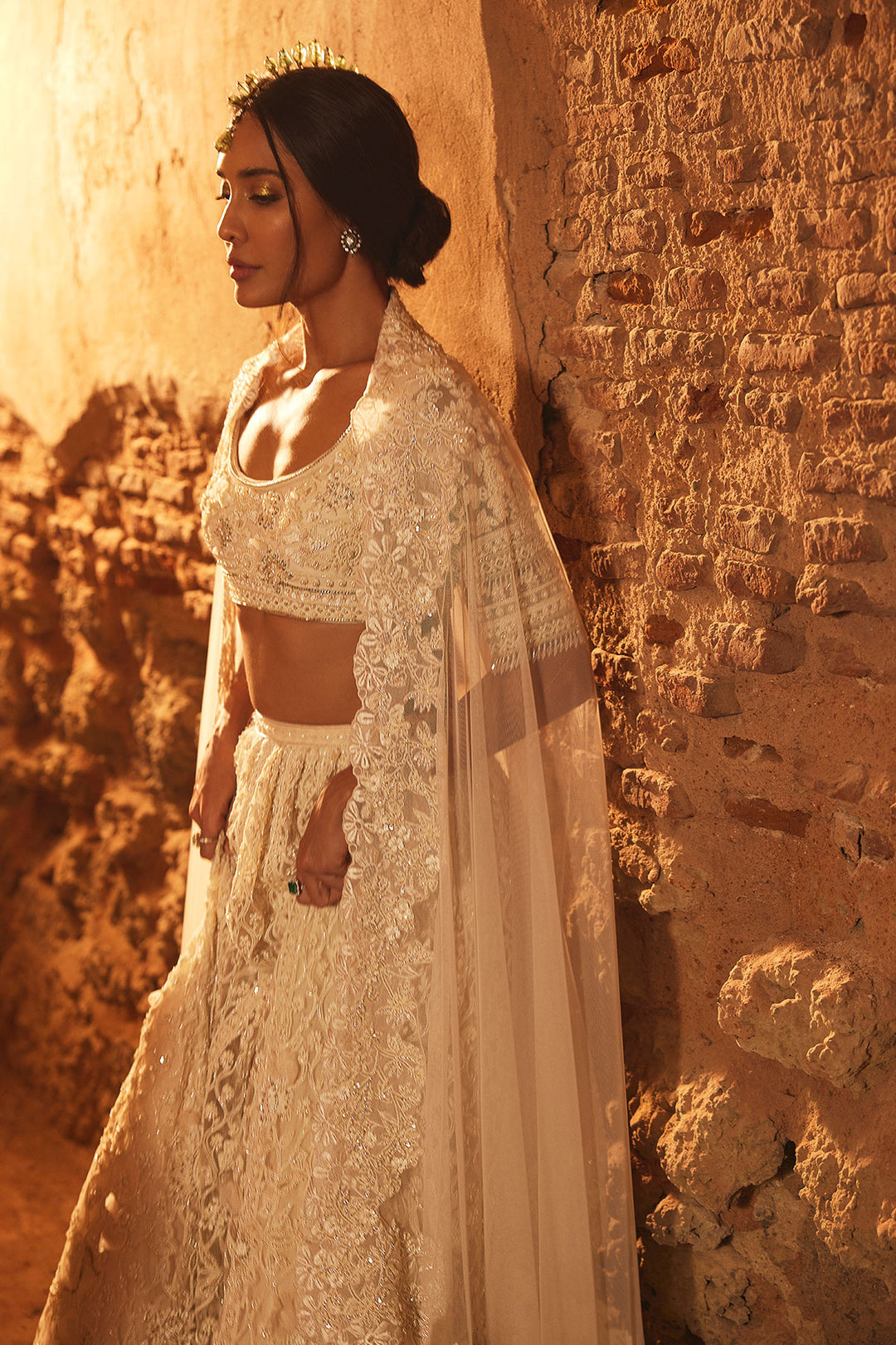Ridhi-Mehra-Ivory Net Embroidered Lehenga, Blouse And Dupatta