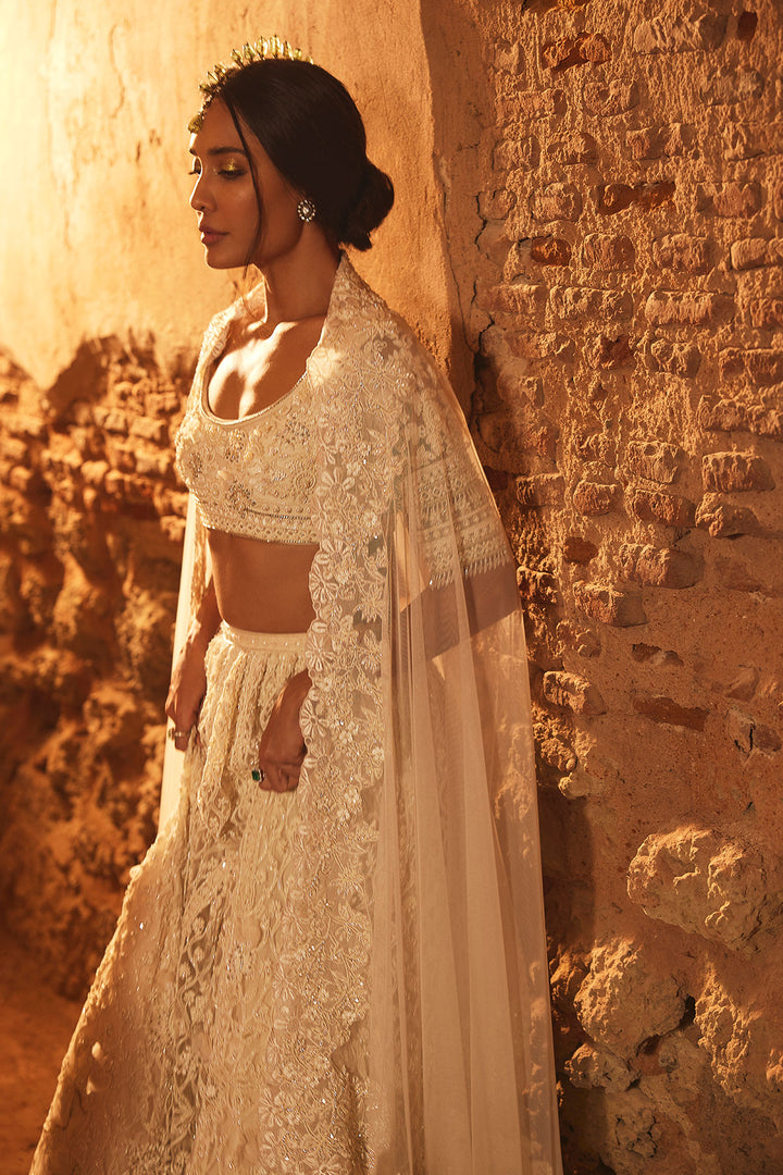 Ridhi-Mehra-Ivory Net Embroidered Lehenga, Blouse And Dupatta