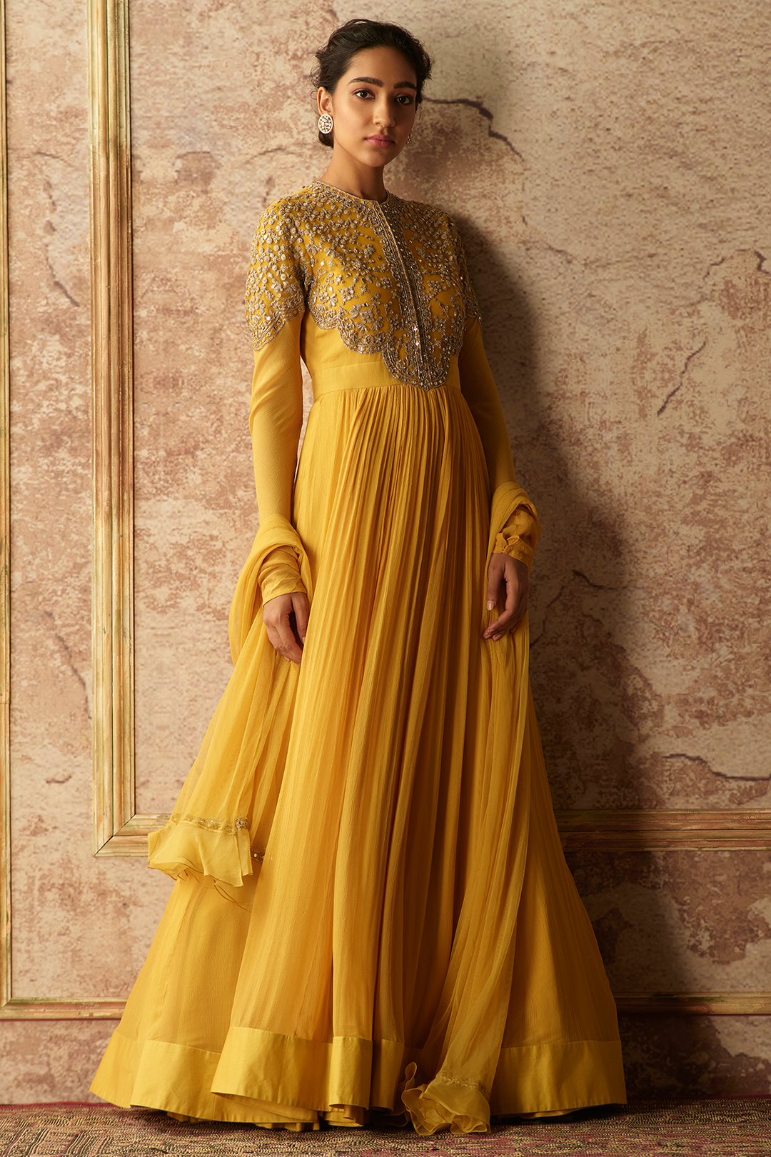 Ridhi-Mehra-Ochre yellow chiffon embroidered anarkali