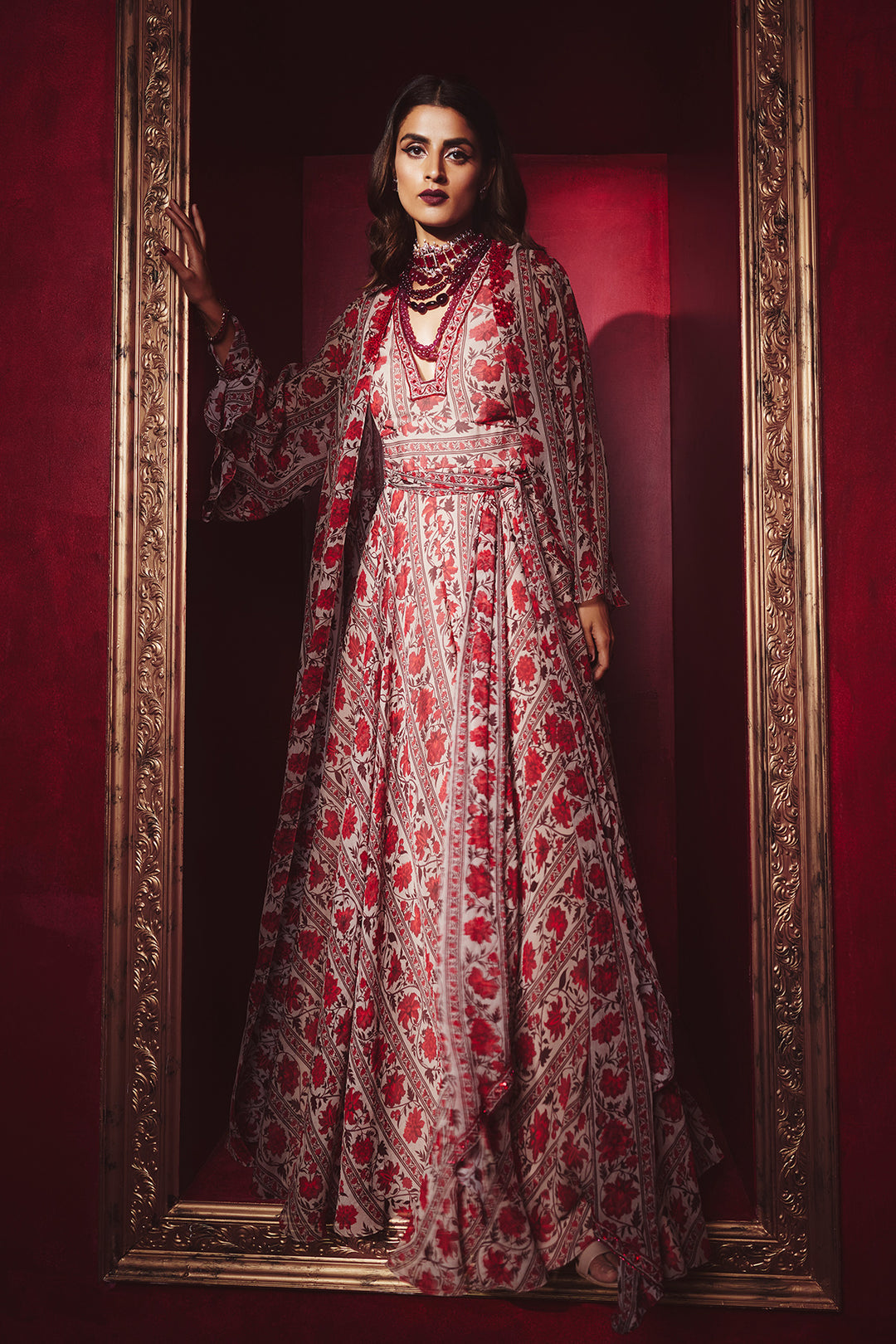 Ridhi-Mehra-Red-beige-printed chiffon jumpsuit and printed chiffon jacket with printed chiffon tie up