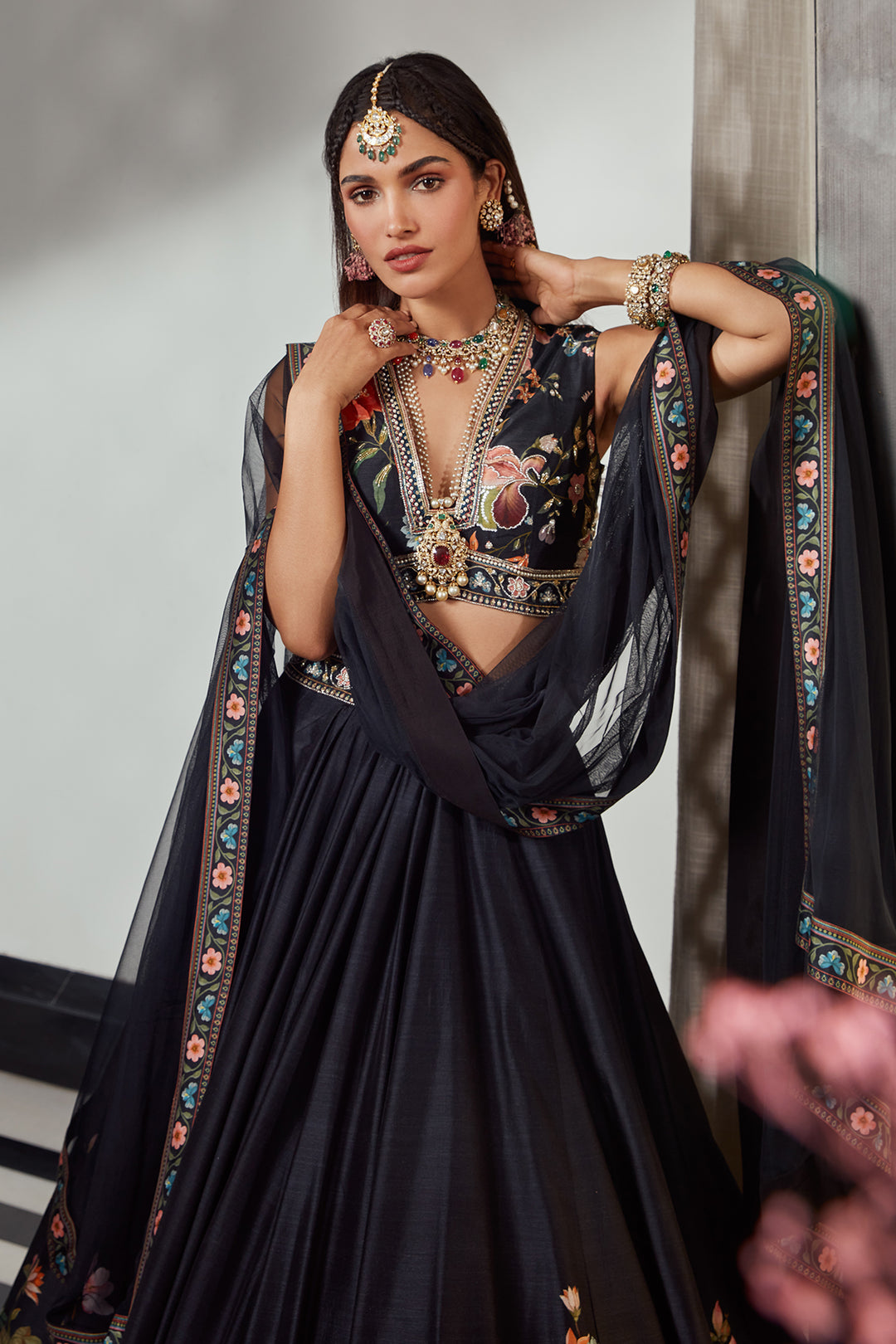 Ridhi-Mehra-Silk-printed-embroidered skirt and blouse paired with net dupatta 