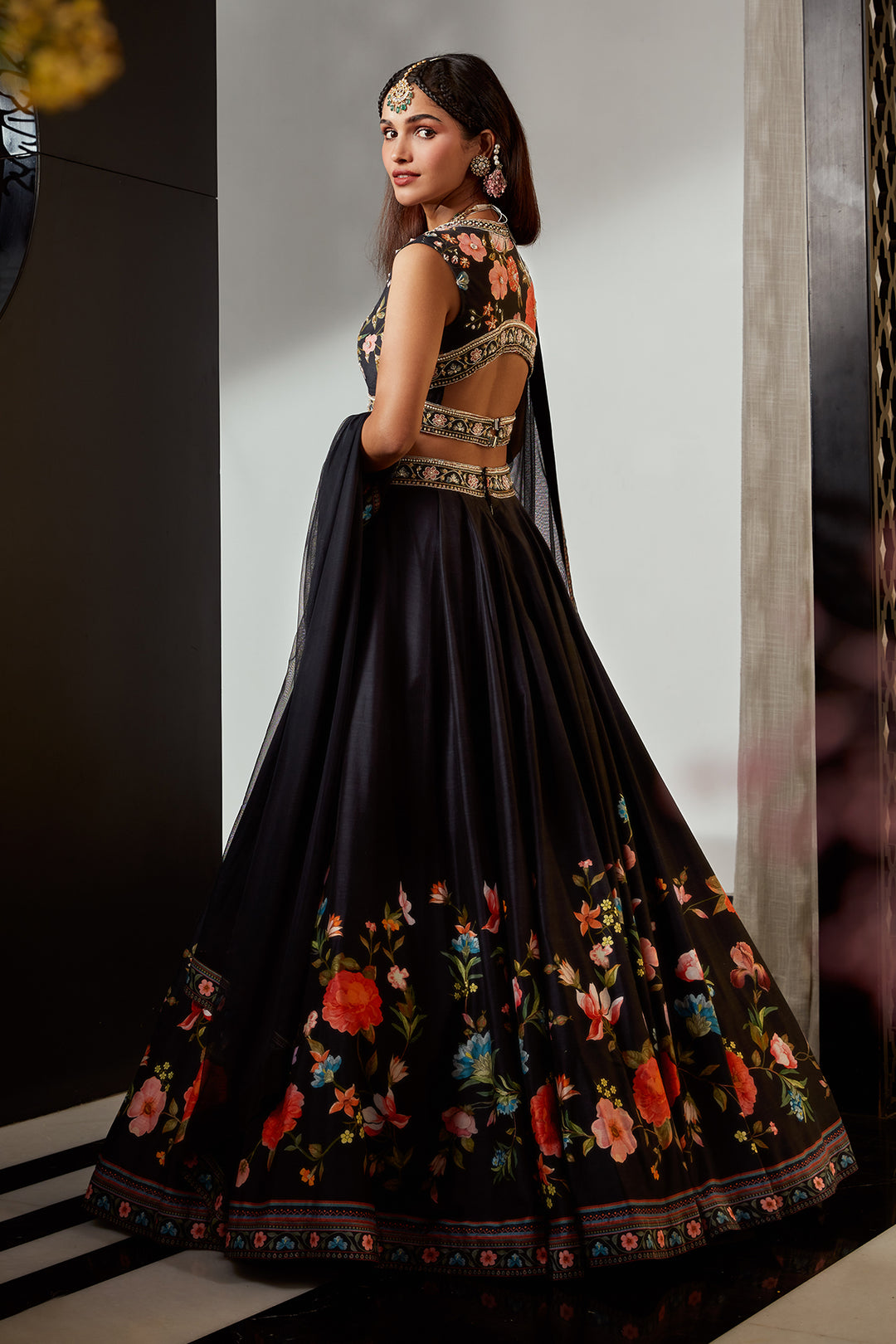 Ridhi-Mehra-Silk printed embroidered skirt and blouse paired with net dupatta 