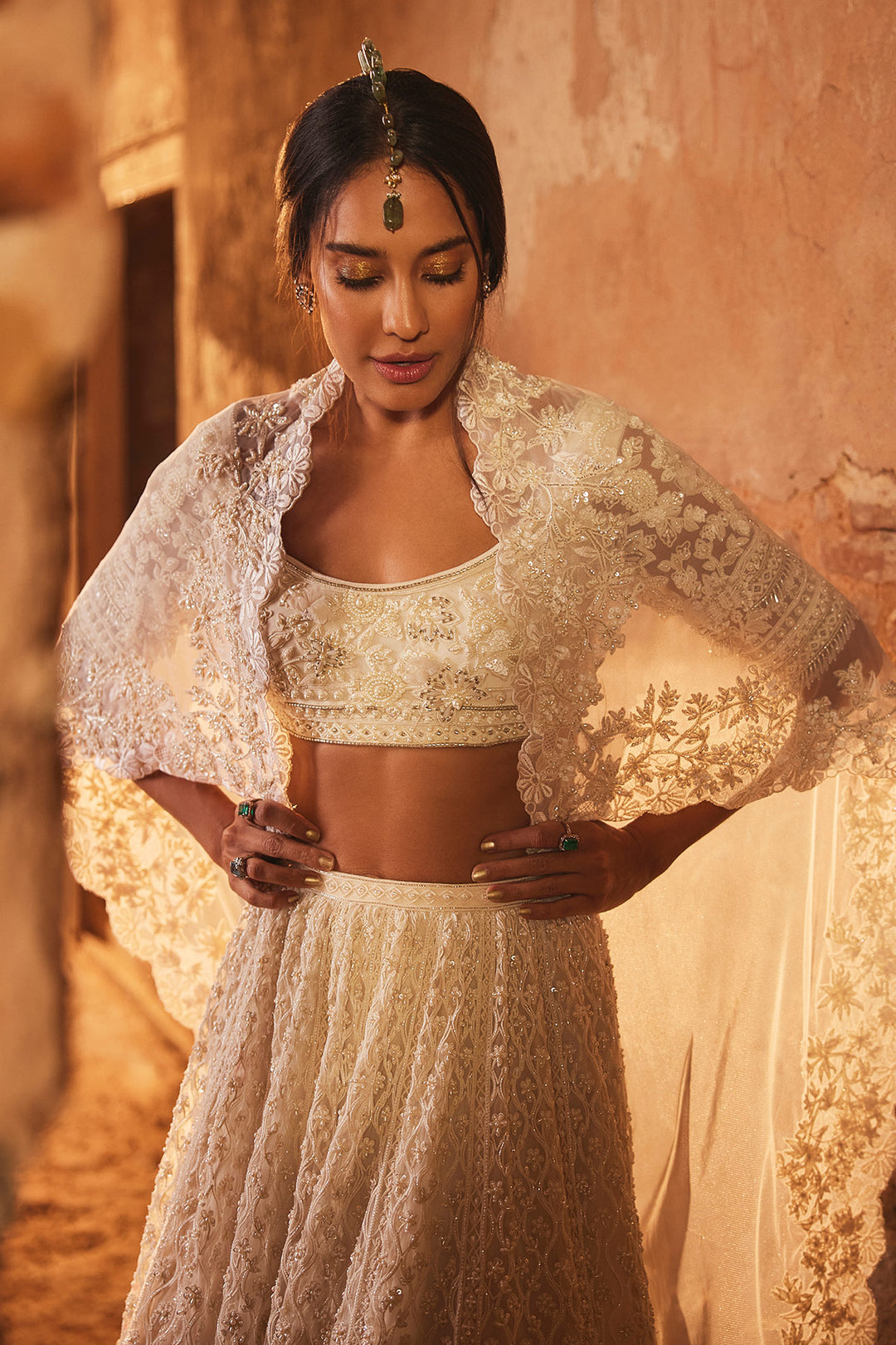 Ridhi-mehra-Ivory Net Embroidered Lehenga, Blouse And Dupatta