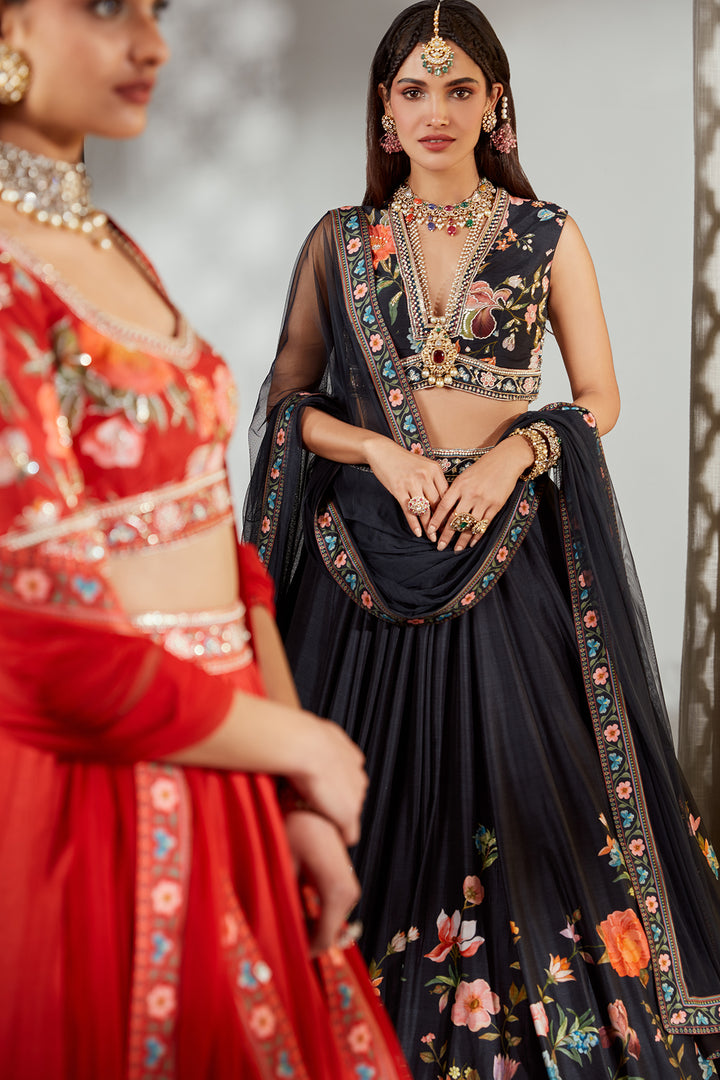 RidhiMehra-Silk printed embroidered skirt and blouse paired with net dupatta 