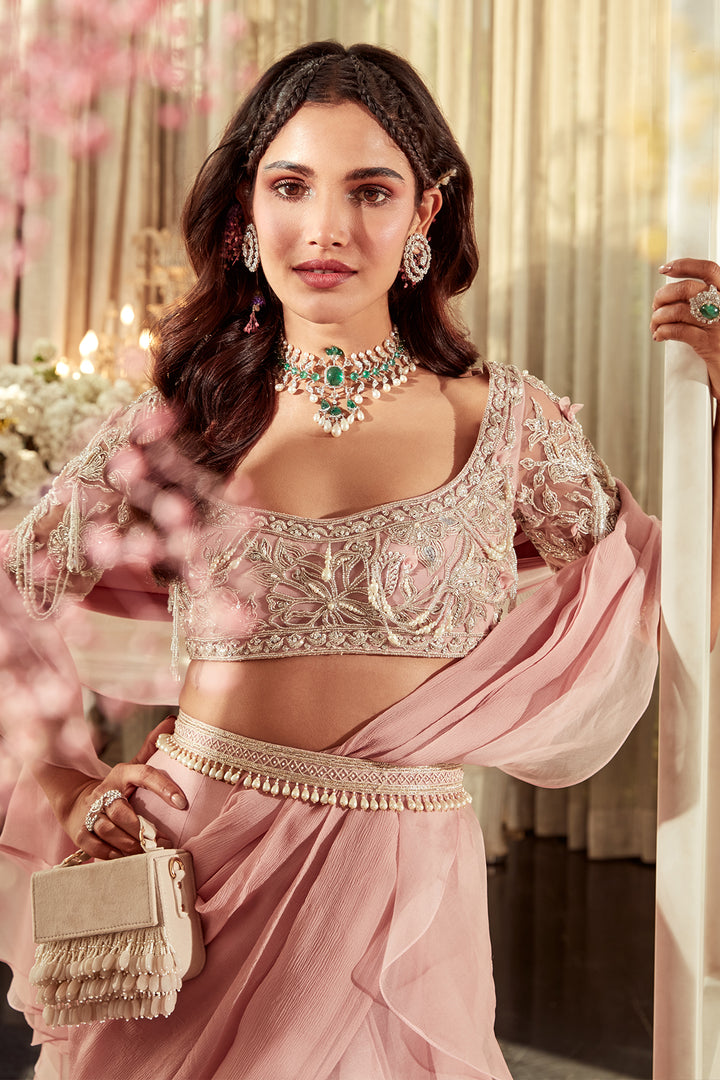 RidhiMehra Embroidered net blouse with organza chiffon draped saree